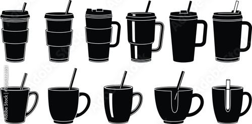 Travel coffee cup silhouettes collection, reusable takeaway mugs with straws and lids, modern cafe beverage containers isolated on white background vector