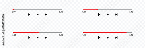 WebAudio or video player progress loading bars with time slider, play and pause, rewind and fast forward buttons. templates of media player playback panel interface. vector illustration .EPS 10 .