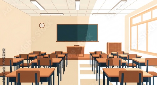 Empty Classroom with Desks and Chairs.