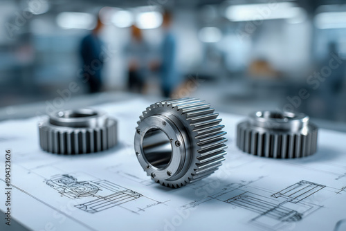 Mechanical gears and springs close-up while engineers discuss blueprints in background