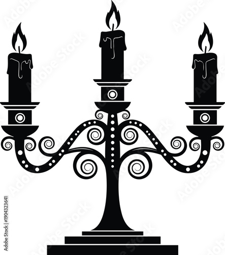 Black and white vintage candelabra silhouette illustration, classic three candle holder design, elegant decorative antique lighting icon for gothic, luxury, 
