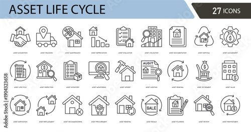 Asset life cycle icons representing planning, acquisition, deployment, maintenance, optimization and disposal stages with analytics and management flow in minimal outline vector style.