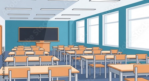 Empty Classroom with Desks and Chairs.