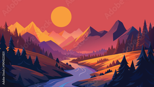 Sunset over serene mountainous landscape with winding river and dense forest