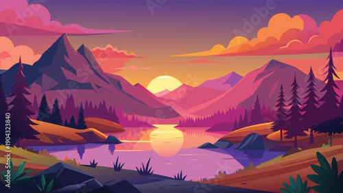 Serene sunset over a tranquil mountain lake with reflective waters and forested hills