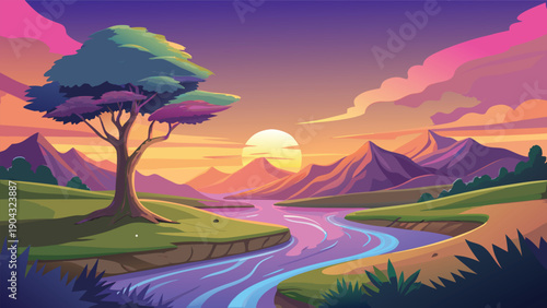 Serene sunset over a peaceful mountain valley with a gentle stream
