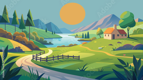 A serene countryside scene with a sunlit landscape and quaint farmhouse.