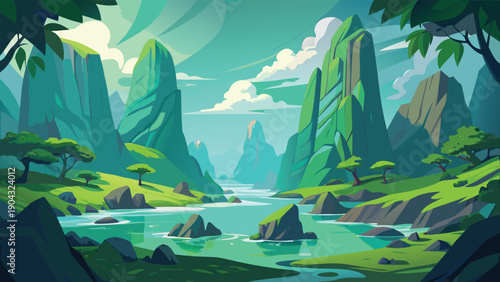 Serene valley with majestic peaks and crystal-clear waters amidst lush greenery