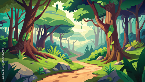 Mystical forest path winding through ancient trees and vibrant greenery under a serene sky