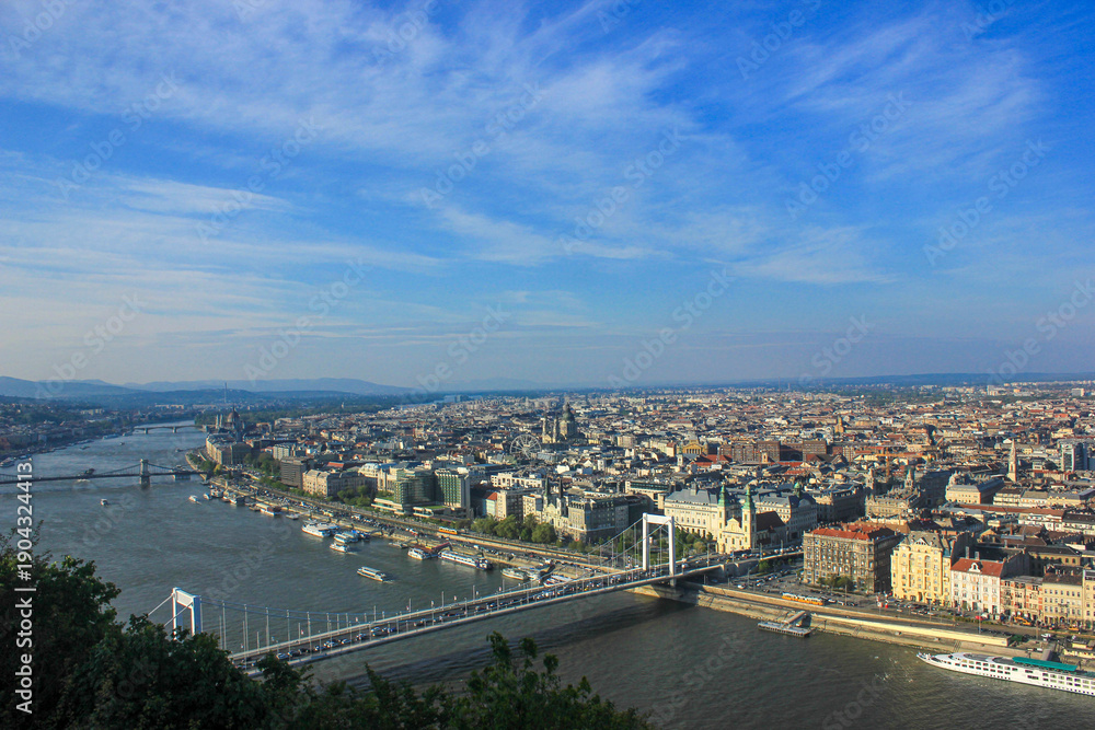Fototapeta premium Majestic Danube Panorama: Elizabeth Bridge and the Budapest Skyline from Gellért Hill
