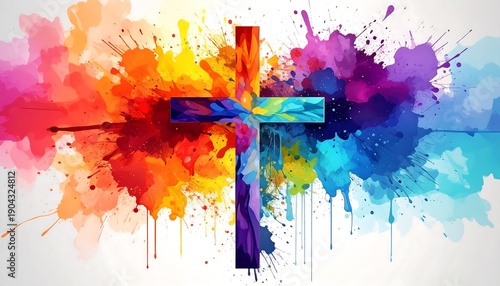 Vibrant Abstract Christian Cross with Colorful Paint Splashes.