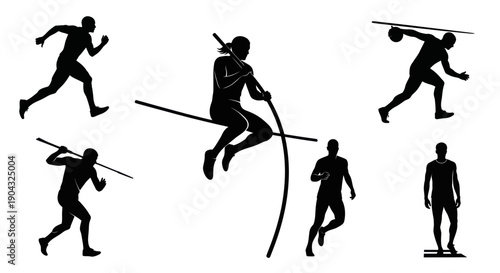 Athletics Silhouettes: Running, Pole Vault, Discus Throw, Javelin Throw