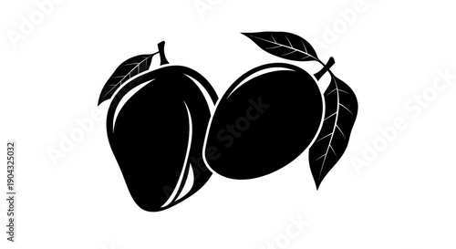 Black Silhouette of Two Ripe Mangoes with Leaves on White Background