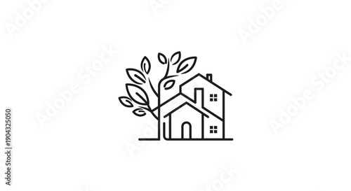 Minimalist Line Art Logo: House Integrated with Tree, Symbolizing Eco-Friendly Living