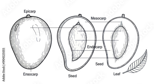 Mango Fruit Anatomy Diagram: Epicarp, Mesocarp, Endocarp, Seed, Leaf