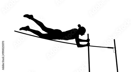 Silhouette of a female pole vaulter clearing a bar against a white background
