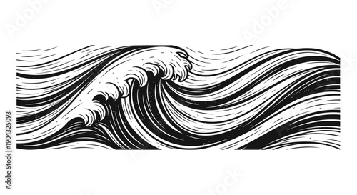 Stylized Ocean Wave Illustration with Dynamic Lines and Striations