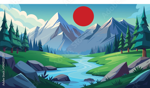 Serene mountain landscape with a rising sun over a peaceful forest stream
