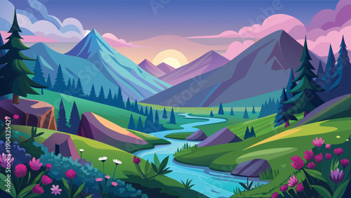 Serene mountain valley at golden hour with flowing river and lush greenery