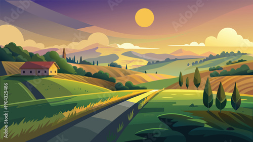 Scenic countryside road winding through a peaceful rural landscape at golden hour