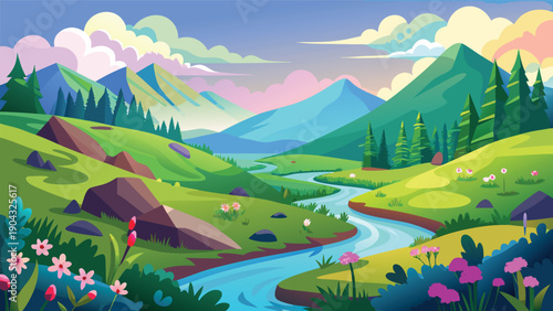 Serene mountain landscape with crystal-clear stream and lush greenery