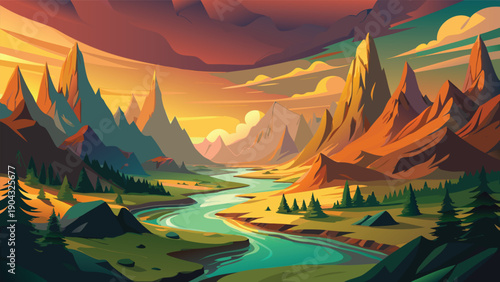 Vibrant sunrise over a mystical mountain valley with flowing river