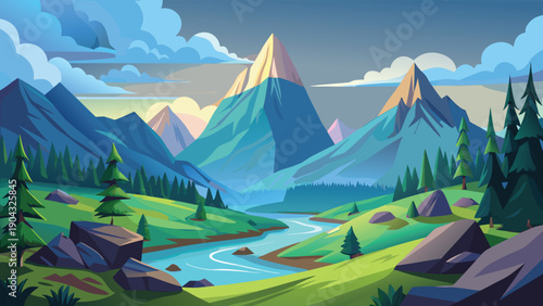 Serene mountain landscape with flowing stream and verdant forest