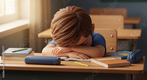 Tired Student Sitting at School Desk.