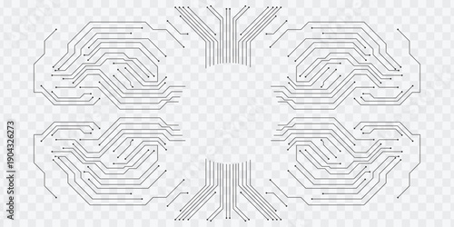 Symmetric PCB circuit line set isolated on transparent background for technology design