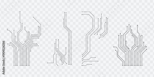 Minimal PCB circuit line set isolated on transparent background for technology design