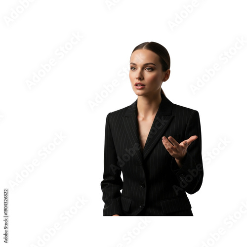 Businesswoman in pinstripe suit gesturing and speaking