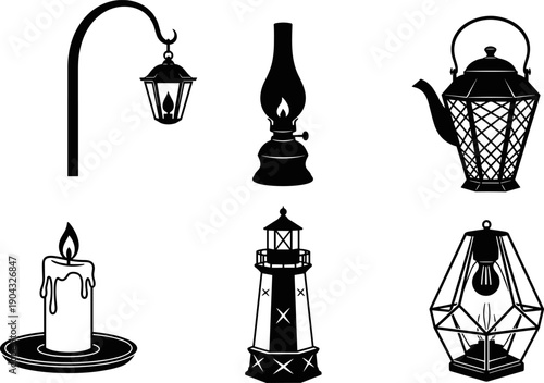 Vintage lantern and candle icons set featuring oil lamp teapot kettle lighthouse street lamp geometric light silhouettes isolated on white background vector illustration