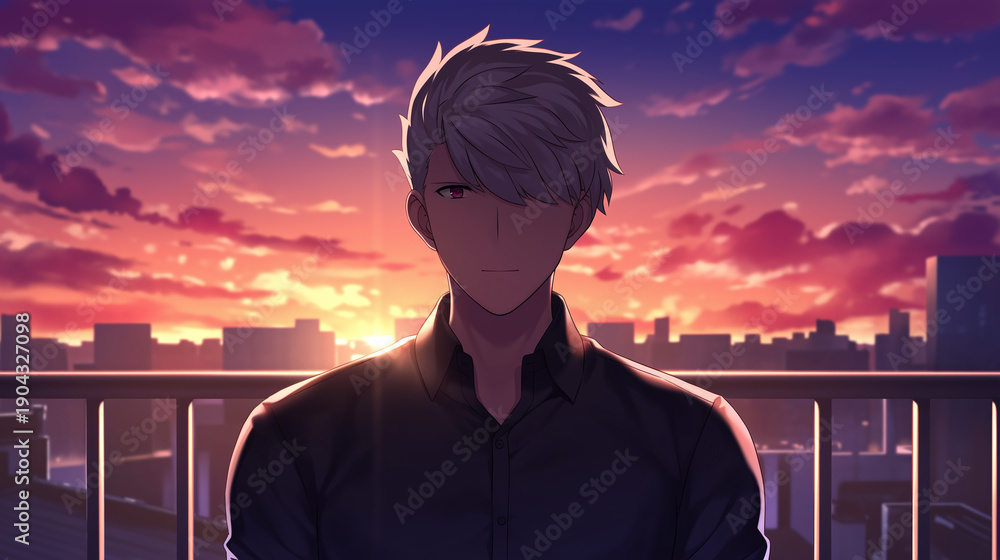 Fototapeta premium Captivating Urban Portrait at Sunset: Explore the Depth of Emotions against a Beautiful Cityscape Backdrop
