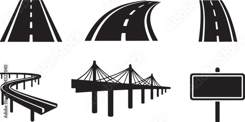 Various types of roads and bridges depicted in a simple black and white illustration