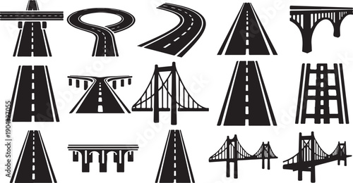 A collection of various types of roads and bridges in black and white