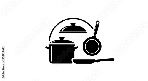 This elegant black cooking pot and ladle icon represents food preparation, home cooking, and culinary service concepts. The illustration symbolizes meal preparation, kitchen activity, and hospitality.
