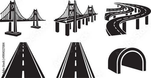 Diverse illustrations of bridges, roads, and tunnels for transportation infrastructure.