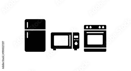 This modern black kitchen appliances icon represents household electronics, cooking technology, and home convenience concepts. The illustration includes common kitchen devices, symbolizing food prepar