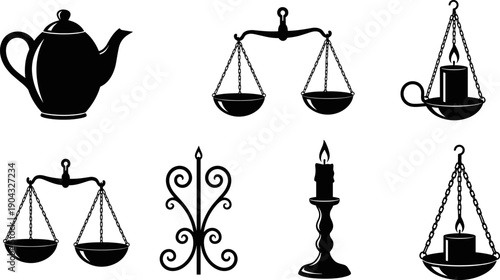 Vintage household and ritual object silhouettes featuring teapot balance scales candles hanging oil lamps black vector illustration isolated on white background antique decorative icon set