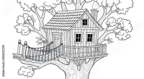 Whimsical Treehouse with Rope Bridge, Hand-Drawn Sketch Style