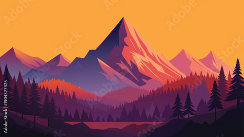 Majestic mountain range at golden hour with forest below