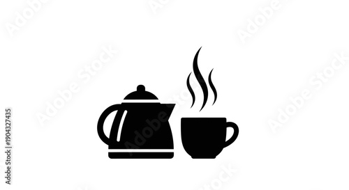 This stylish black tea and coffee icon represents hot beverages, relaxation, café culture, and hospitality concepts. The illustration features a teapot and cup with steam, symbolizing warmth, comfort,