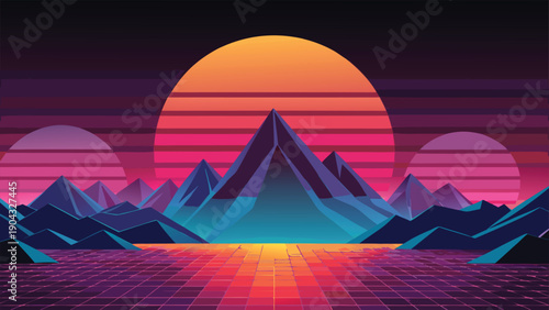 Synthetic sunset over a digital mountain landscape with vibrant neon hues