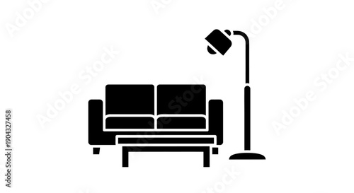 This modern black sofa and floor lamp icon represents interior design, home comfort, and living room furniture concepts. The illustration visually communicates home décor, relaxation, residential spac