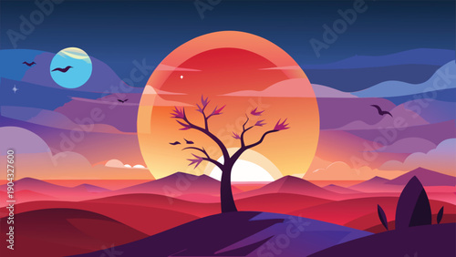 A lone tree stands witness to a vibrant sunset over a tranquil mountainous landscape