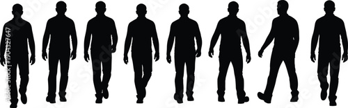 Walking man silhouettes set, side view steps, human movement sequence, pedestrian poses, isolated figures, white background, motion, stride