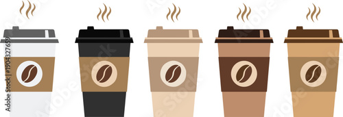 Takeaway coffee cups set with different colors lids sleeves steam flat vector illustration isolated white background collection