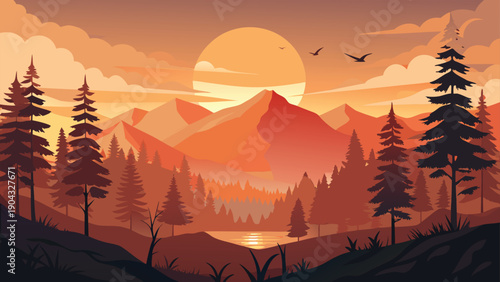 Serene sunset over tranquil forest and mountain landscape with birds flying freely