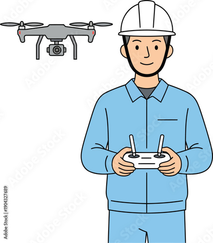 Construction worker operating a drone with a remote controller