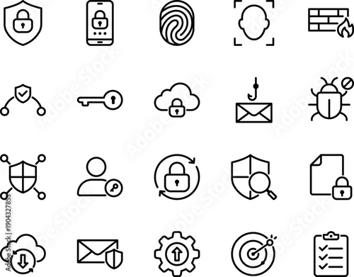 Cybersecurity & Privacy Outline Icon Set (20 Icons) – Security, Encryption, Authentication, Firewall